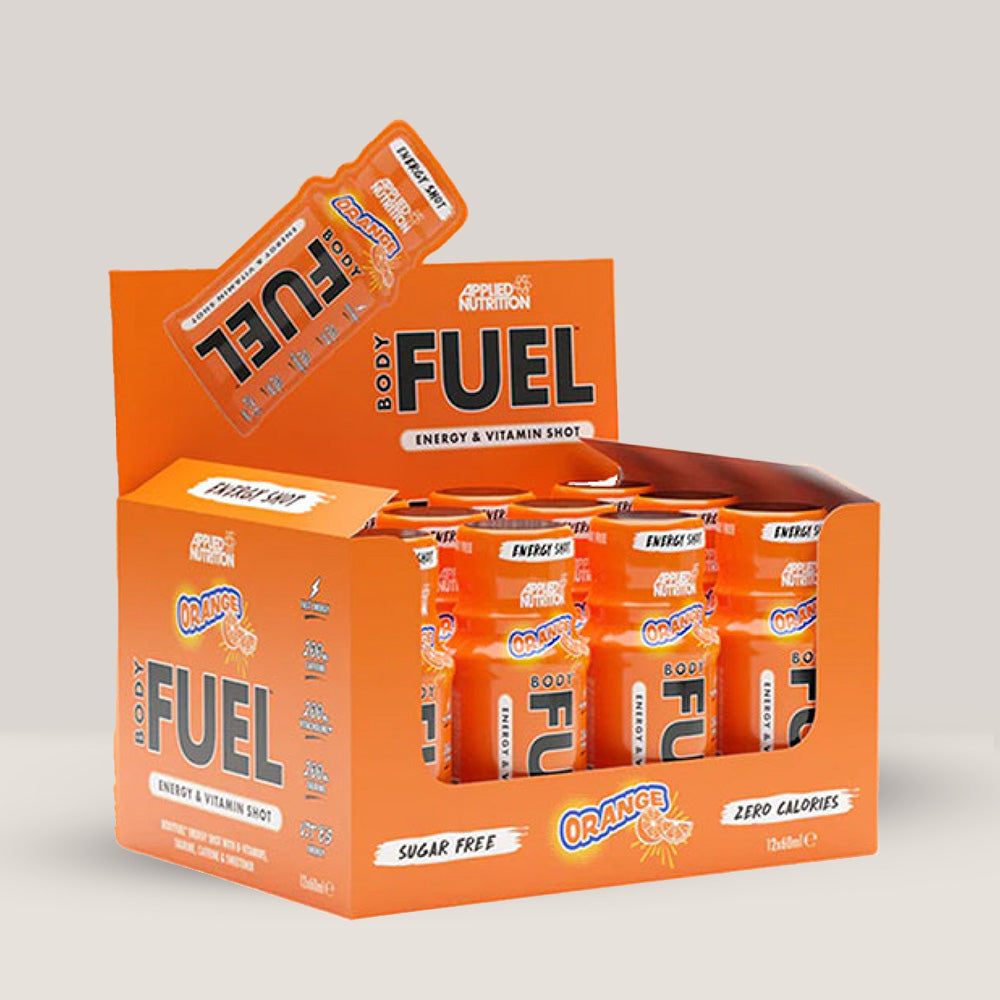 Imagine cu pachetul de 12 doze de BODY FUEL ENERGY SHOT de la APPLIED NUTRITION, 60ml per doză. Orange aroma.