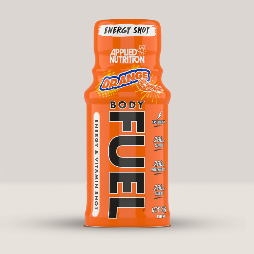 Imagine cu o sticluță de Body Fuel Energy Shot 60ml de la APPLIED NUTRITION, un shot energizant cu zero zahăr și calorii cu aromă de portocale.