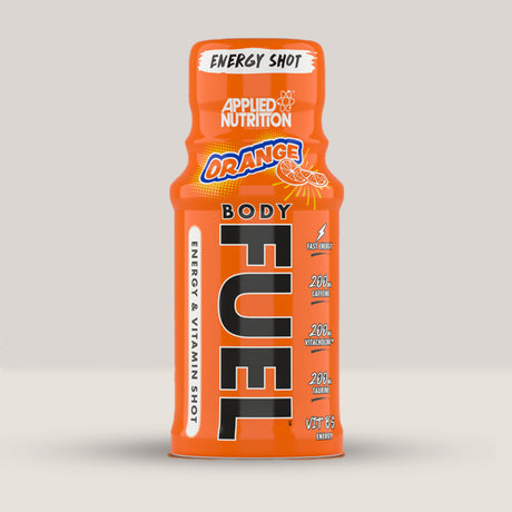 Imagine cu o sticluță de Body Fuel Energy Shot 60ml de la APPLIED NUTRITION, un shot energizant cu zero zahăr și calorii cu aromă de portocale.