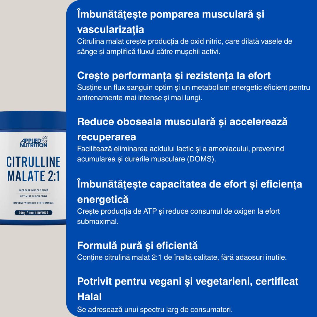 Citrulina Malat 2:1 - Energie explozivă, rezistență maximă, recuperare rapidă. Performanță amplificată de Applied Nutrition.