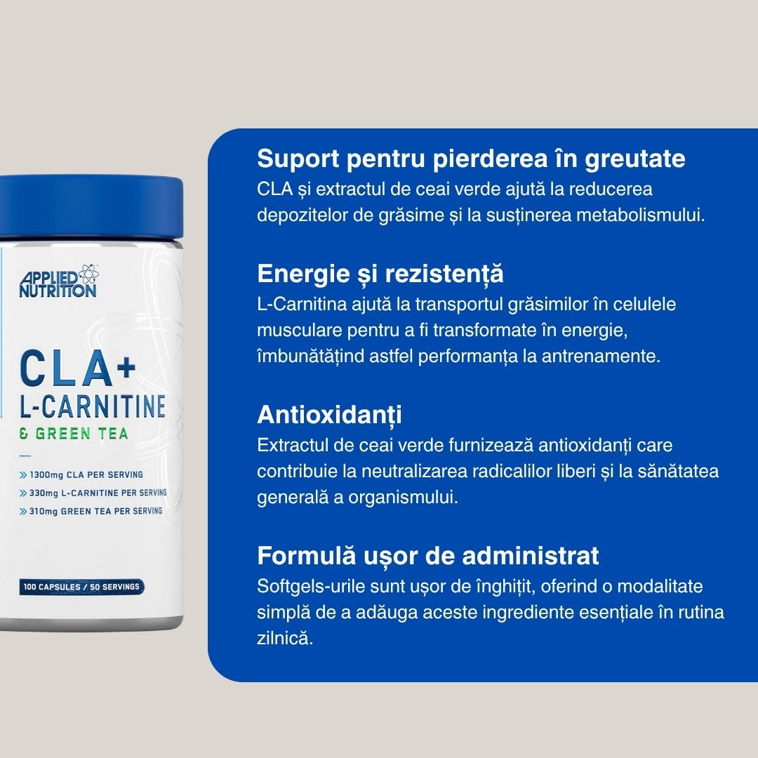 Siluetă ideală cu CLA, L-Carnitină și Ceai Verde. Energie amplificată, corp sculptat. Applied Nutrition.