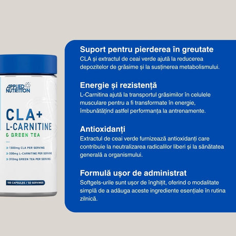Siluetă ideală cu CLA, L-Carnitină și Ceai Verde. Energie amplificată, corp sculptat. Applied Nutrition.