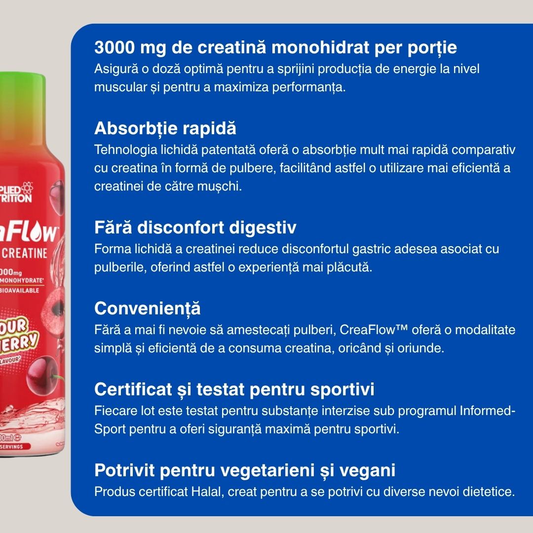 Creatină lichidă CreaFlow™: Performanță desăvârșită. Inovație fluidă.