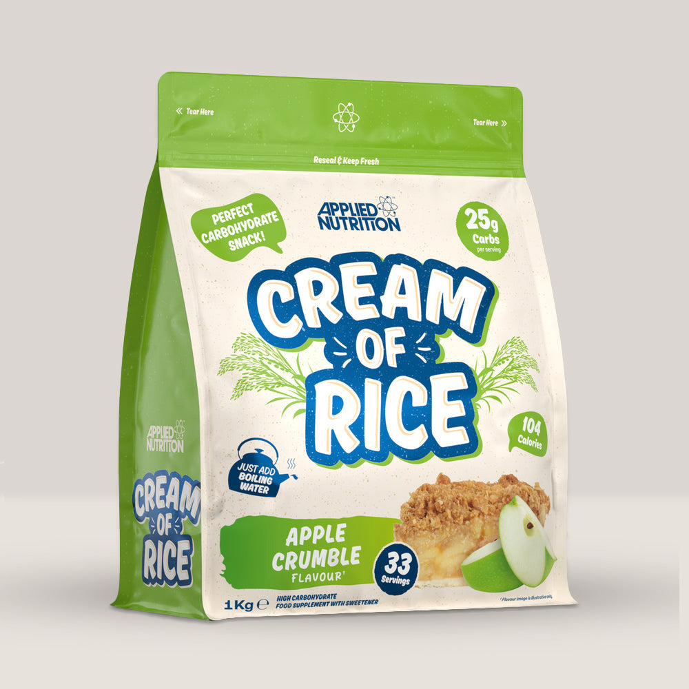 Imagine cu o cutie de Cream of Rice 1kg (33 de serviri) de la APPLIED NUTRITION, orez instant pentru micul dejun sau gustări cu aromă de măr verde, ras.