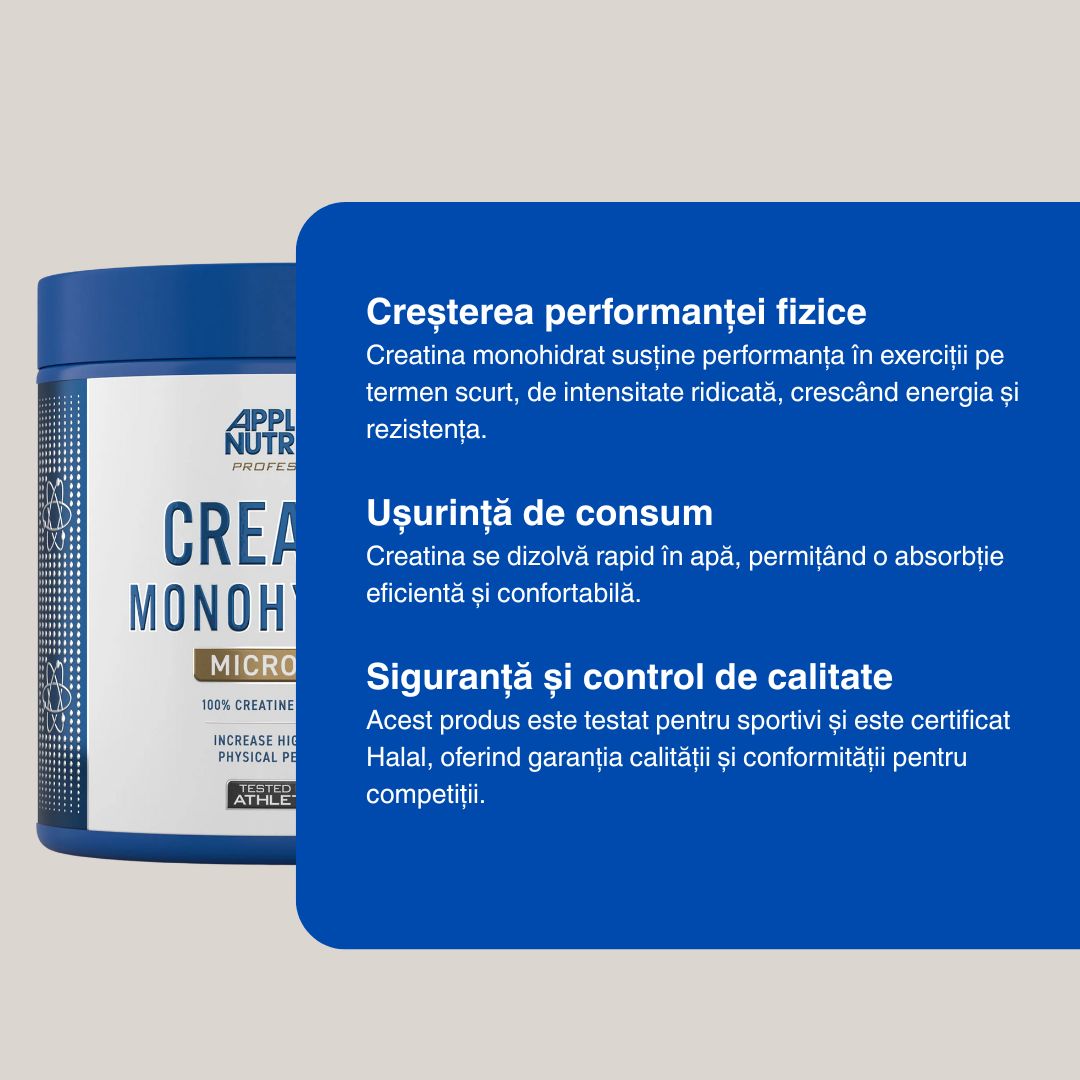 Creatină Micronizată Applied Nutrition: Forță, Putere, Performanță. Sculptează-ți silueta ideală.