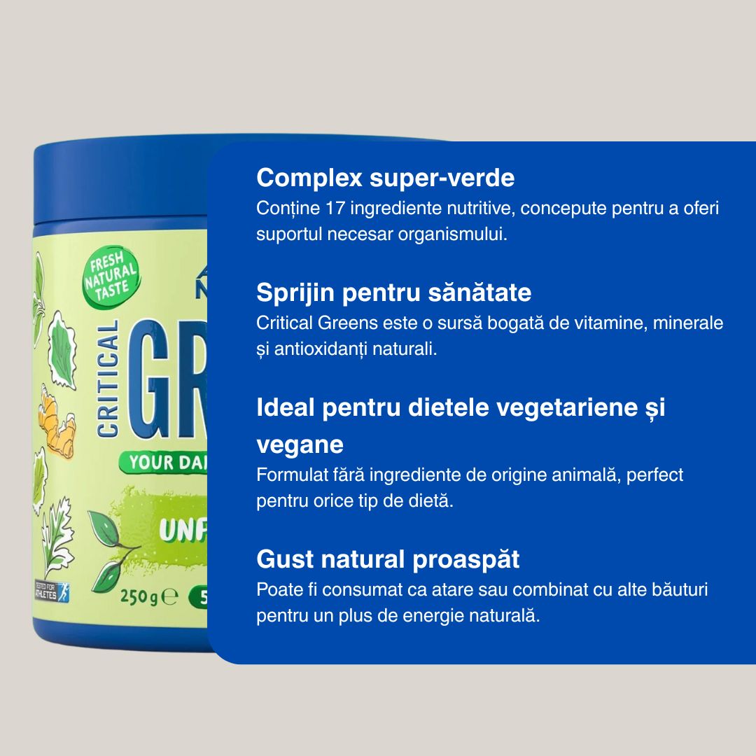 Energie vibrantă și stare de bine cu Super-Verdețuri Critical Greens de la Applied Nutrition.
