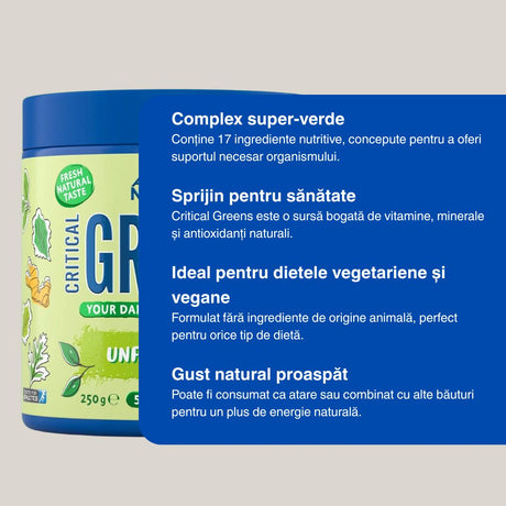 Energie vibrantă și stare de bine cu Super-Verdețuri Critical Greens de la Applied Nutrition.