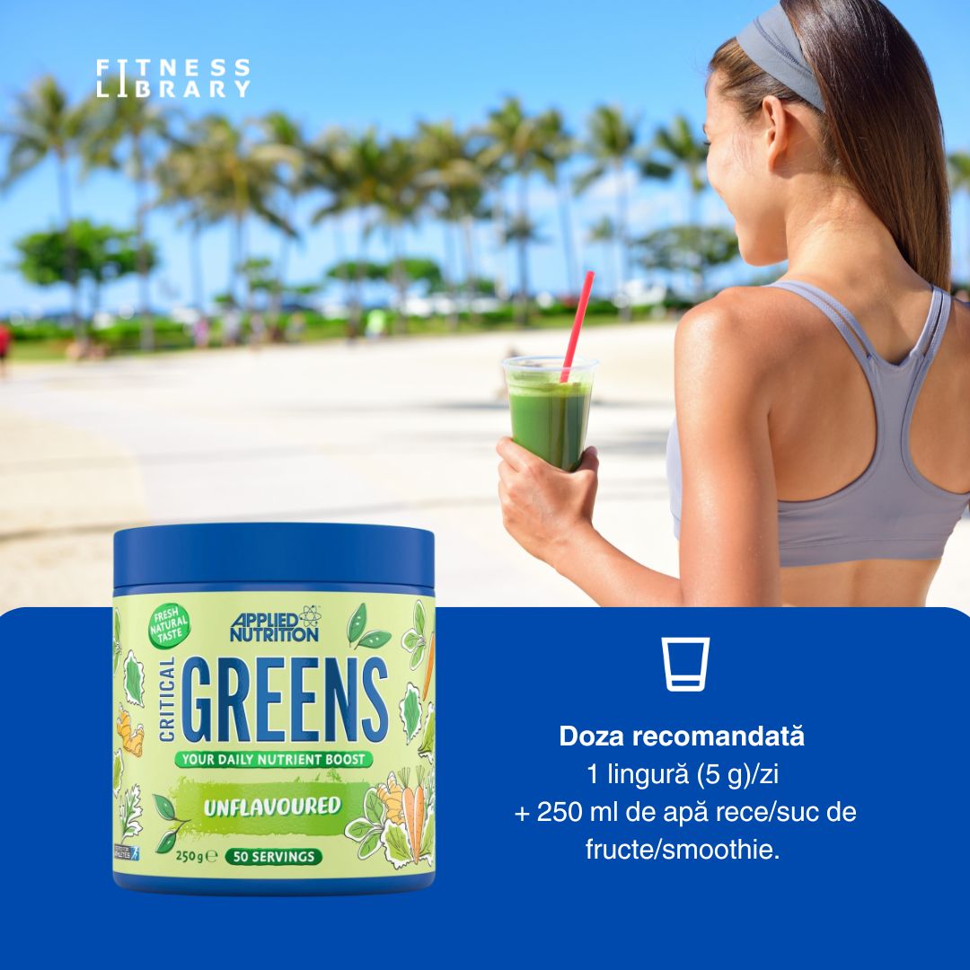 Energie vitală și detoxifiere profundă cu Critical Greens de la Applied Nutrition. 50 de porții pentru o stare de bine desăvârșită.