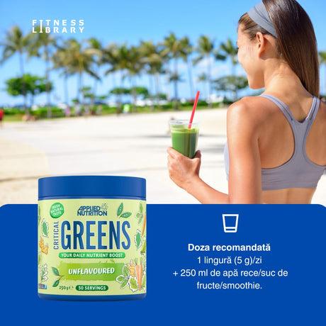Energie vitală și detoxifiere profundă cu Critical Greens de la Applied Nutrition. 50 de porții pentru o stare de bine desăvârșită.
