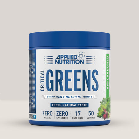 Imagine cu o cutie de Critical Greens (250g, 50 de serviri) de la Applied Nutrition, un amestec de super-alimente verzi pentru sănătate și vitalitate.