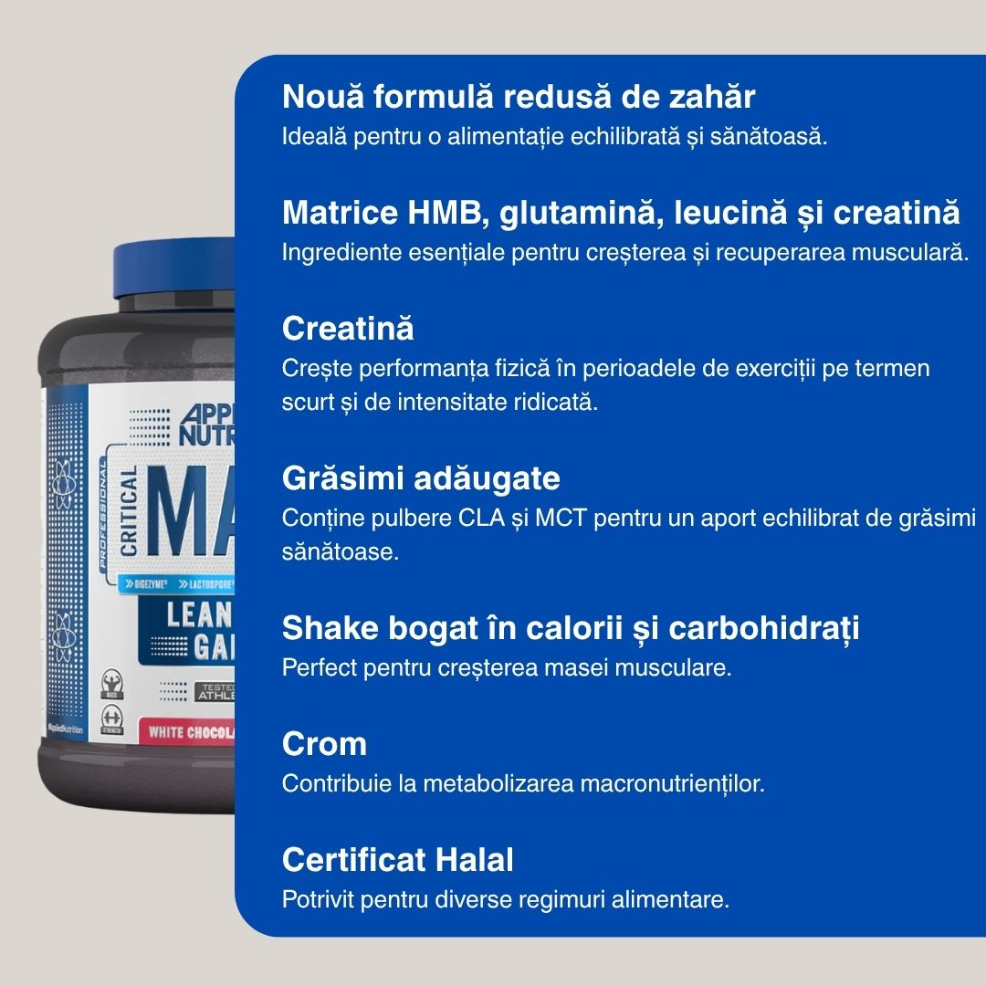 Creștere musculară și performanță sportivă de elită cu Critical Mass de la Applied Nutrition. Recuperare optimă pentru silueta ideală.