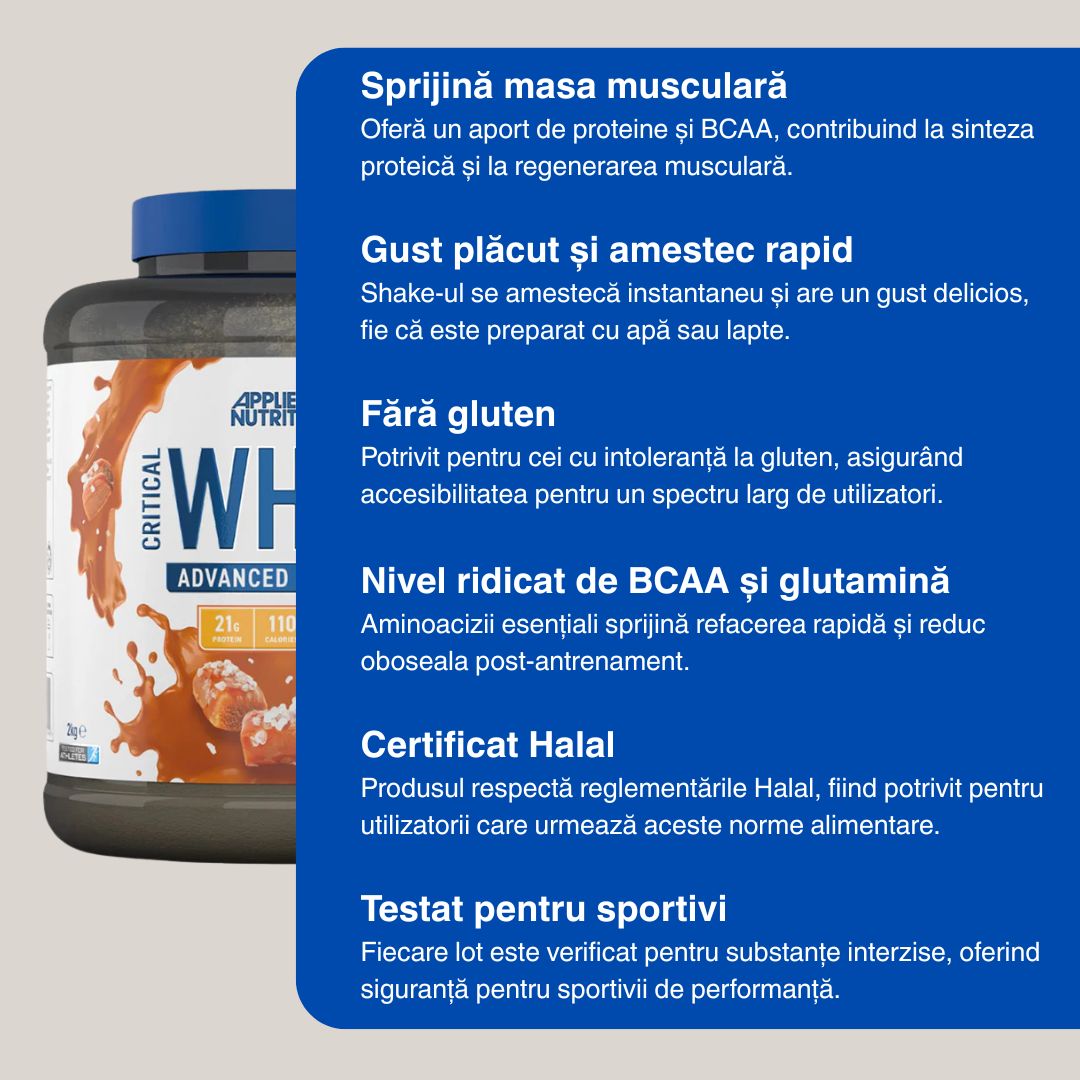 Proteină whey Critical Applied Nutrition: Recuperare rapidă, creștere musculară armonioasă.