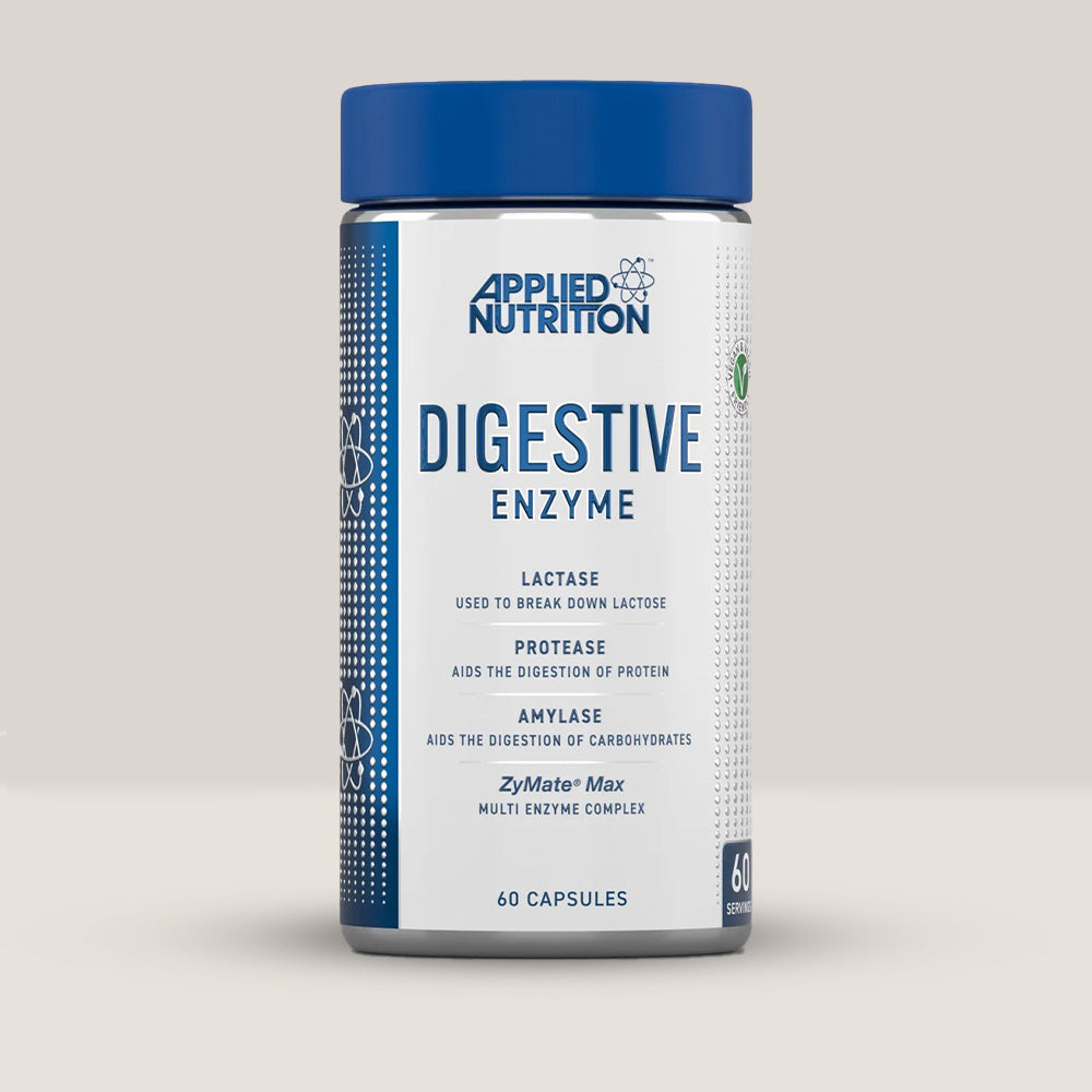 Imagine cu o cutie de Digestive Enzyme (60 capsule) de la APPLIED NUTRITION, un supliment cu enzime digestive pentru o digestie sănătoasă.