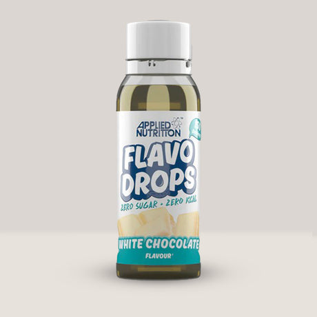 Imagine cu o sticlă de Flavo Drops 38ml de la APPLIED NUTRITION, picături cu aromă concentrată pentru a da gust alimentelor și băuturilor, fără zahăr sau calorii cu aromă de ciocolată albă.