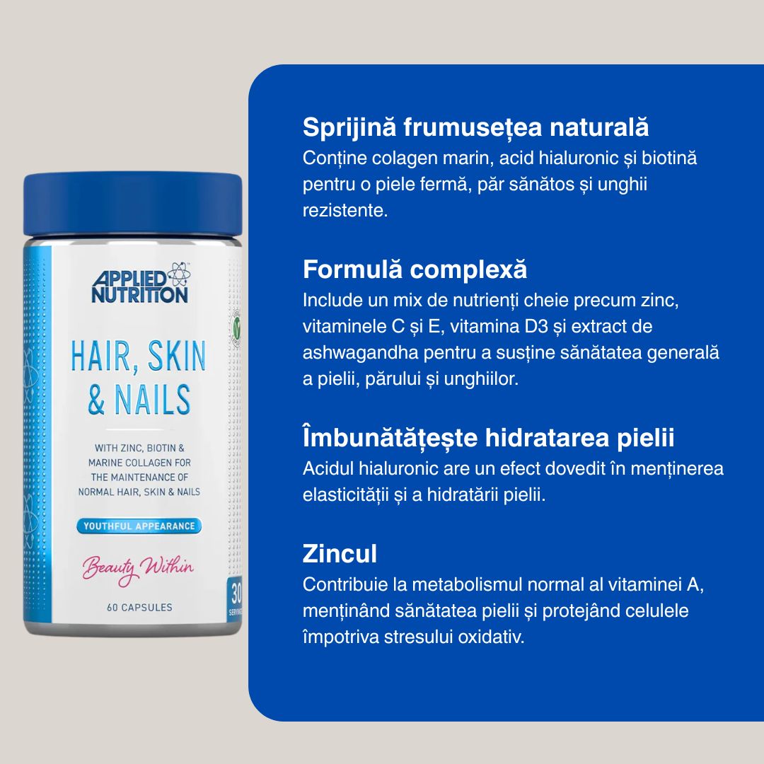 Păr strălucitor, piele radiantă, unghii rezistente. Hair, Skin & Nails de la Applied Nutrition - frumusețe din interior.
