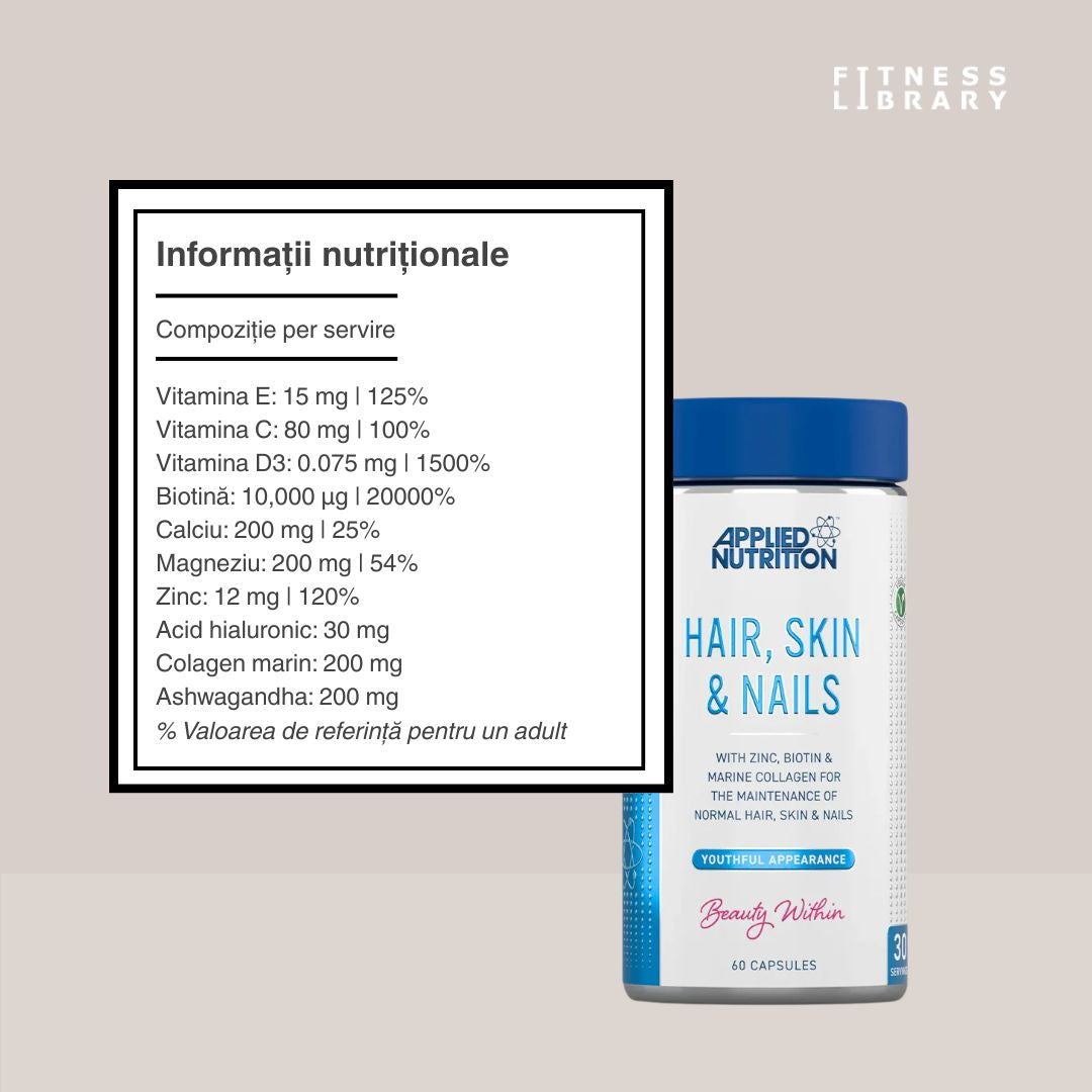 Piele fermă, păr strălucitor, unghii rezistente. Complexul Hair, Skin & Nails de la Applied Nutrition - frumusețe din interior.