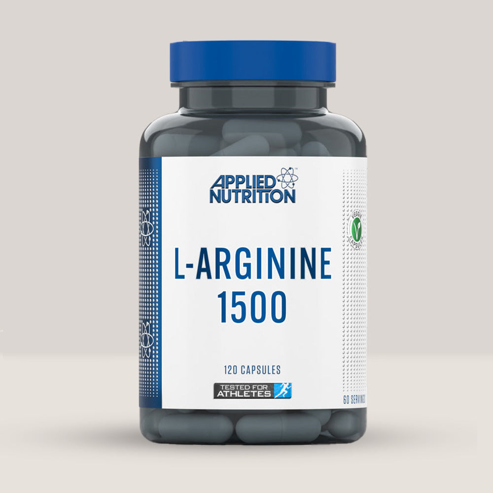 Imagine cu o cutie de L-Arginine 1500 (120 capsule) de la APPLIED NUTRITION, un supliment cu aminoacidul L-arginină pentru sportivi.