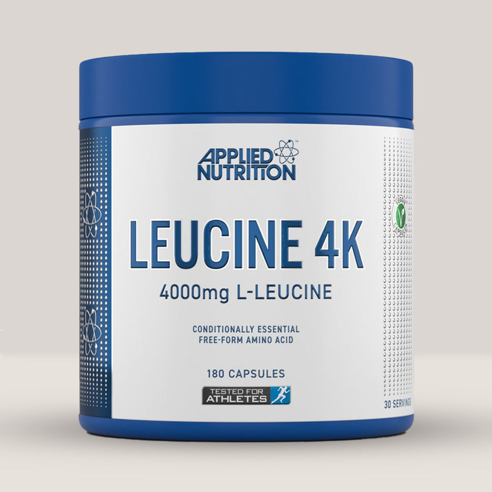 Imagine cu o cutie de Leucine 4K (180 capsule) de la APPLIED NUTRITION, un supliment cu aminoacidul L-leucină pentru creșterea masei musculare.