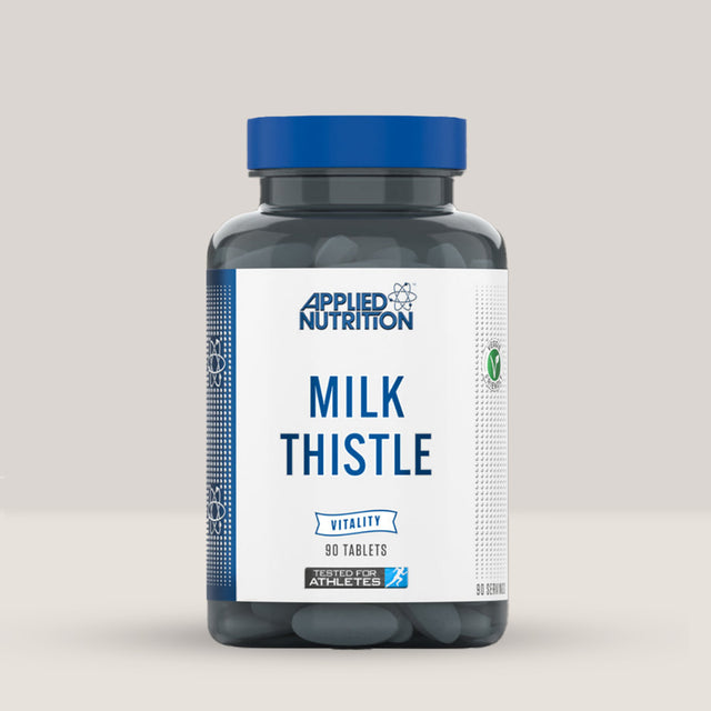 Imagine cu o cutie de Milk Thistle Vitality (90 tablete) de la Applied Nutrition, un supliment cu extract de armurariu pentru detoxifierea ficatului.
