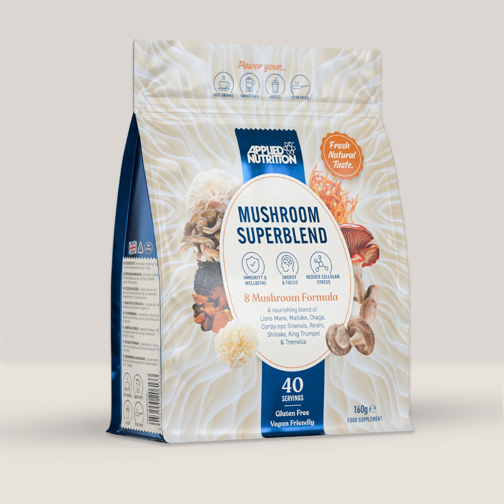 Imagine cu o cutie de Mushroom Superblend 160g (40 de serviri) de la APPLIED NUTRITION, un supliment cu amestec de ciuperci medicinale pentru imunitate și energie.