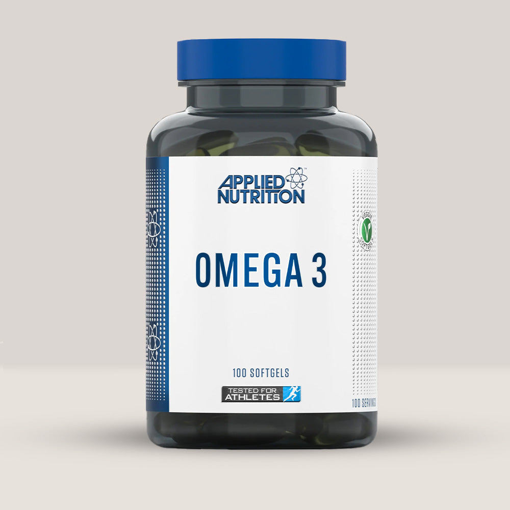Imagine cu o cutie de Omega 3 1000mg (100 capsule) de la APPLIED NUTRITION, un supliment cu ulei de pește bogat în acizi grași Omega 3.