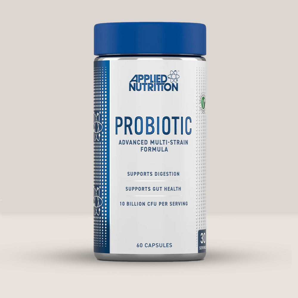 Imagine cu o cutie de Probiotic Advanced Multi-Strain Formula (60 capsule) de la APPLIED NUTRITION, un supliment cu probiotice pentru sănătatea digestivă și imunitate.