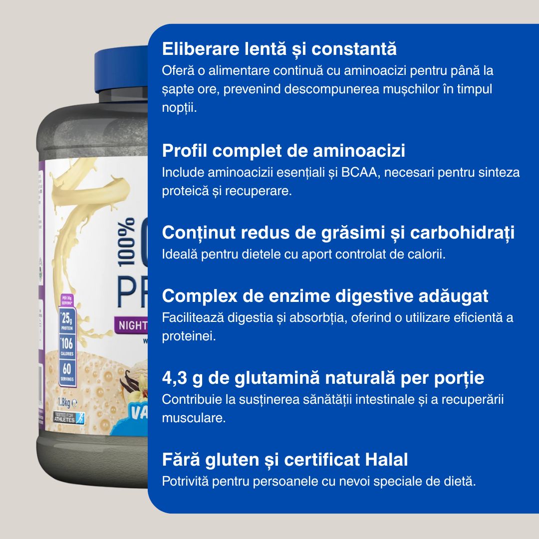 Regenerare nocturnă. Forță maximă cu Protein Casein Applied Nutrition. Somn restorative, potențial atins.