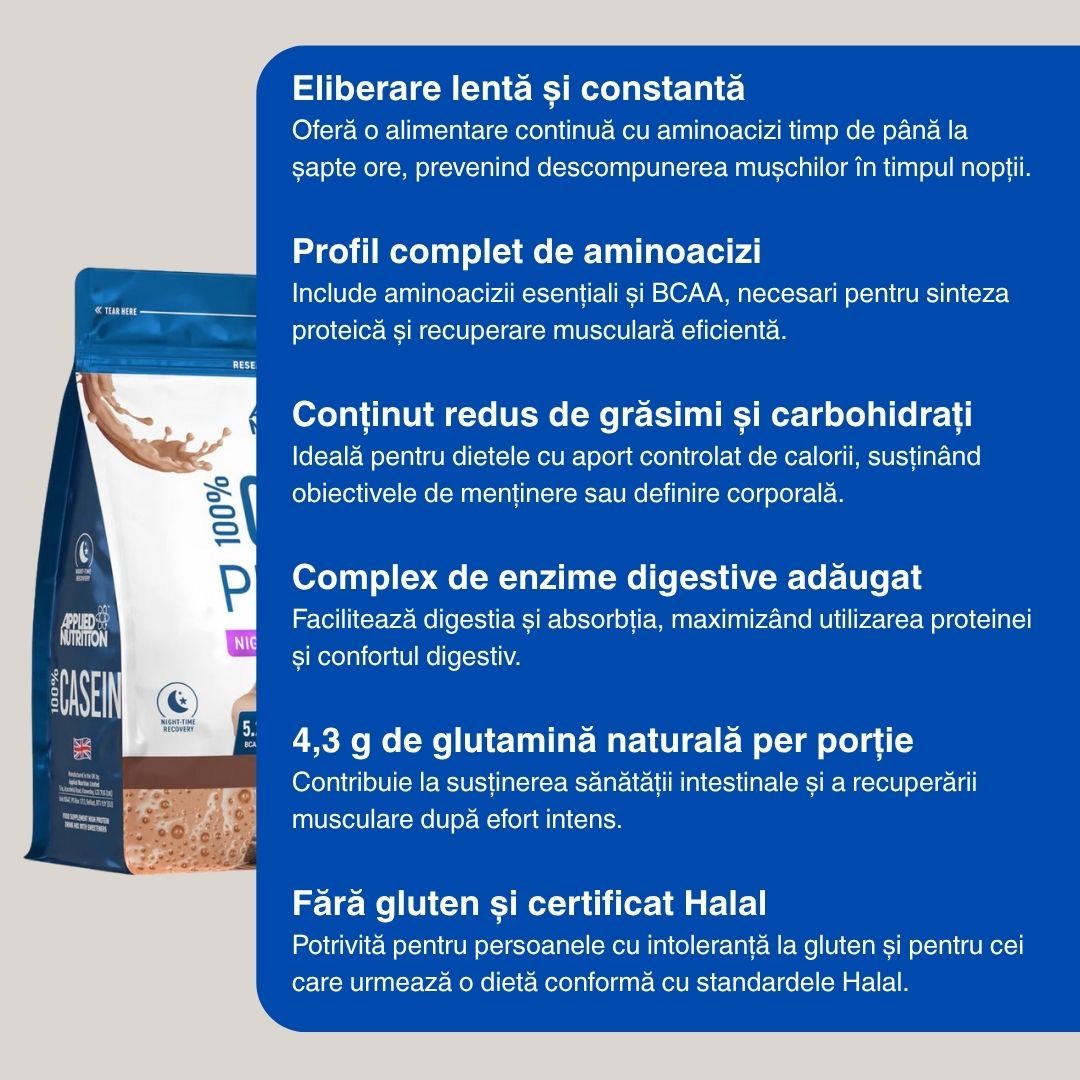 Regenerare musculară nocturnă. Atinge-ți potențialul cu Caseina Micelară de la Applied Nutrition. Trezește-te mai puternic.