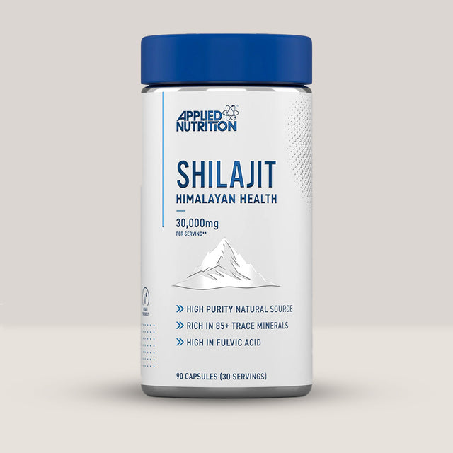 Imagine cu o cutie de Pure Shilajit Capsules (90 capsule) de la APPLIED NUTRITION, un supliment cu shilajit pur pentru energie și vitalitate.