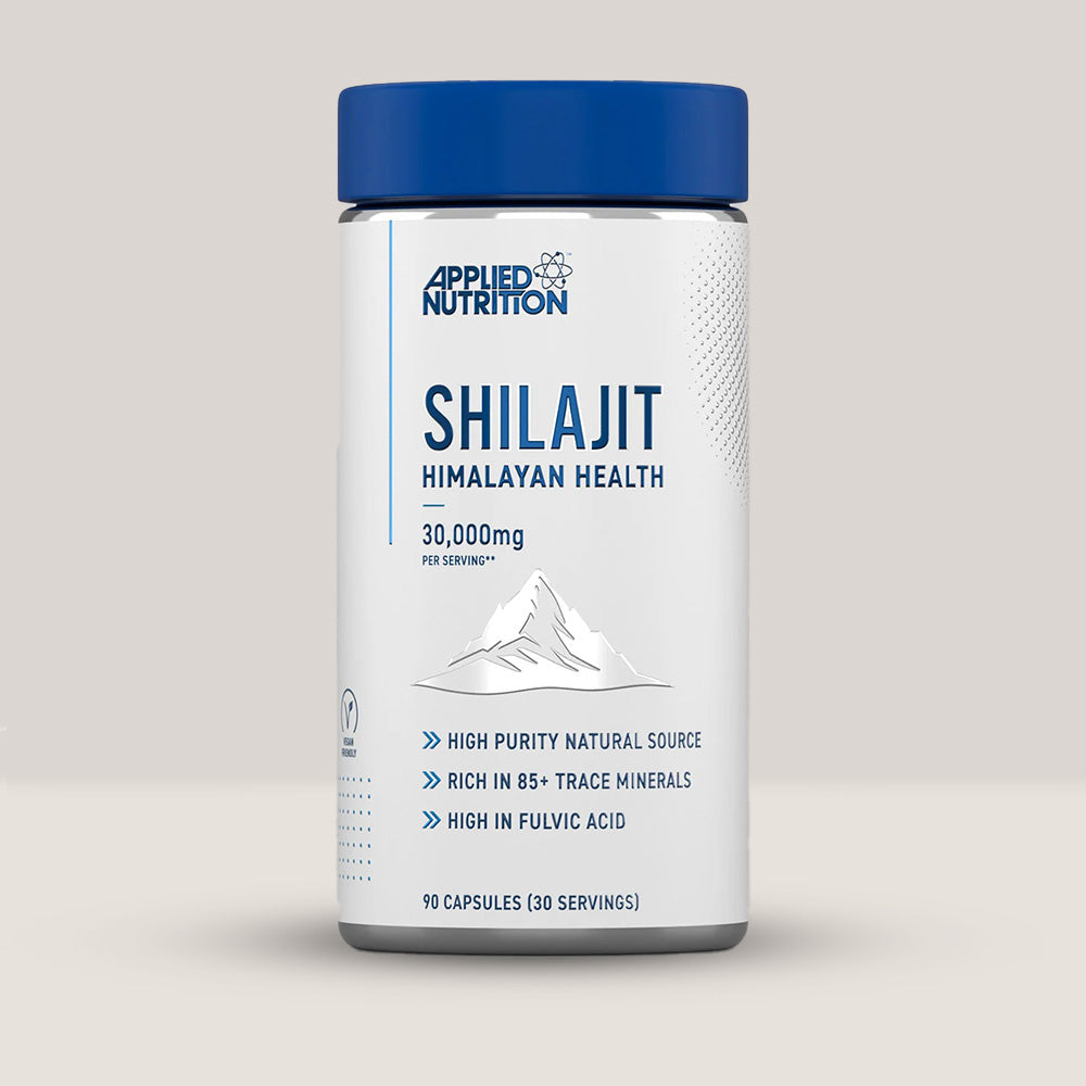 Imagine cu o cutie de Pure Shilajit Capsules (90 capsule) de la APPLIED NUTRITION, un supliment cu shilajit pur pentru energie și vitalitate.