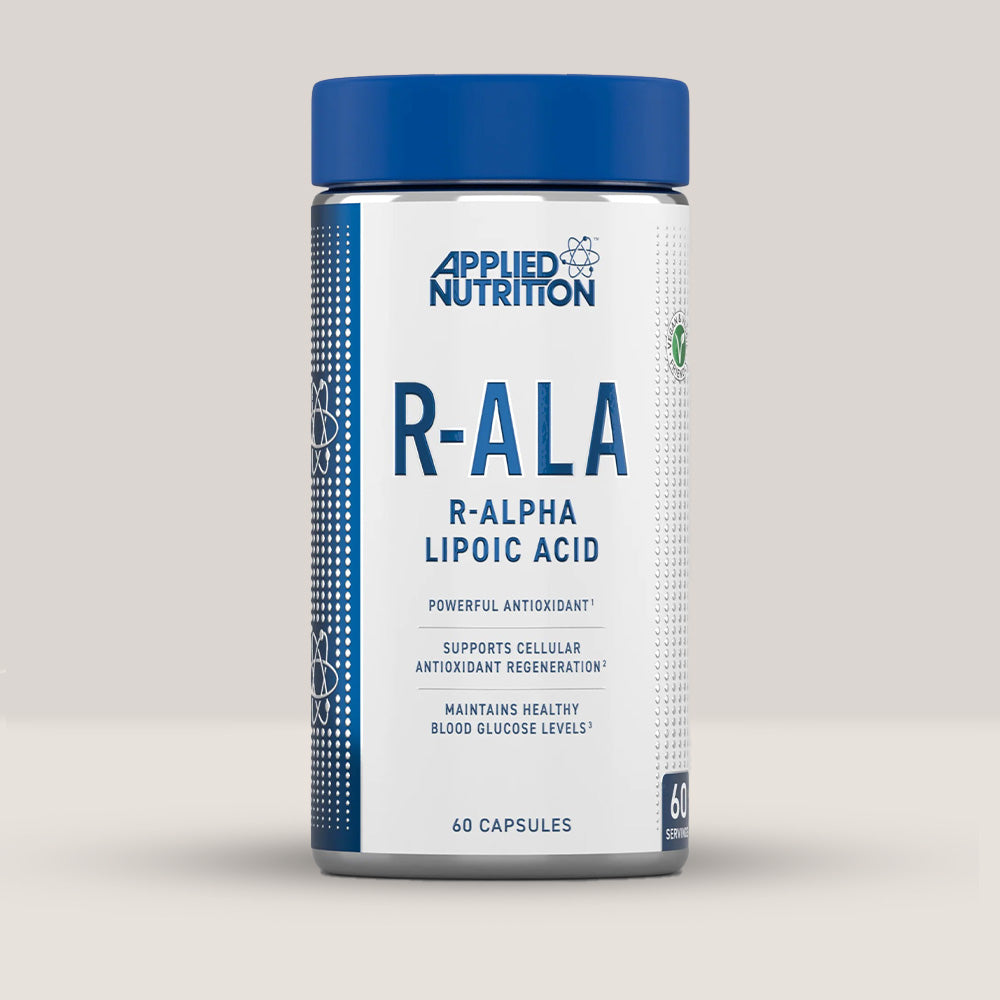 Imagine cu o cutie de R-ALA (Acid Alfa Lipoic) - 60 capsule vegetale de la APPLIED NUTRITION, un supliment antioxidant pentru sănătatea metabolică.