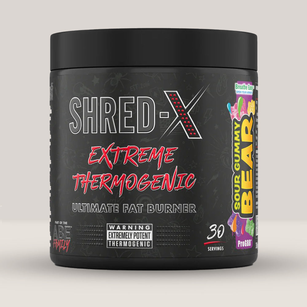 Imagine cu o cutie de Shred X Powder Fat Burner Lemon Ice Tea 300g (30 de serviri) de la APPLIED NUTRITION, un arzător de grăsimi termogenic cu aromă de sour gummy bear.