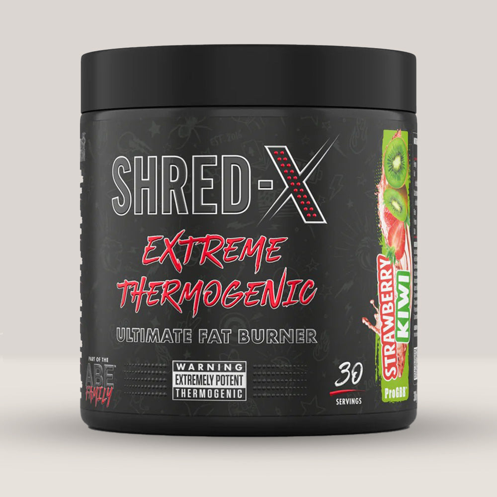 Imagine cu o cutie de Shred X Powder Fat Burner Lemon Ice Tea 300g (30 de serviri) de la APPLIED NUTRITION, un arzător de grăsimi termogenic cu aromă de căpșune și kiwi.