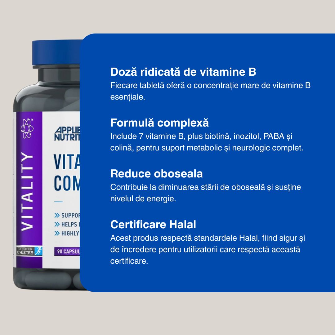 Vitamine B de la Applied Nutrition: Combate oboseala și amplifică-ți performanța zilnică.