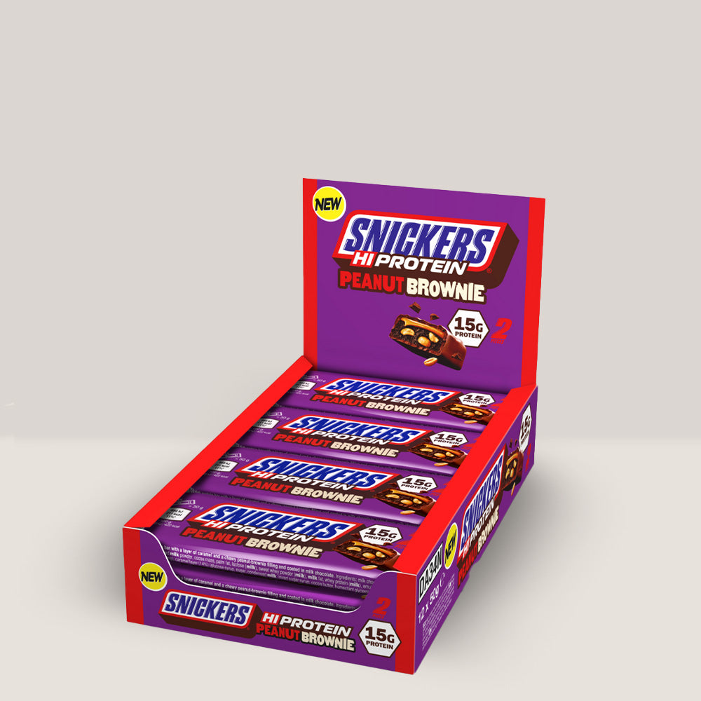Imagine cu cutie de 12 batoane proteice Snickers Brownie High Protein Bar de la MARS PROTEIN, 50g per baton.