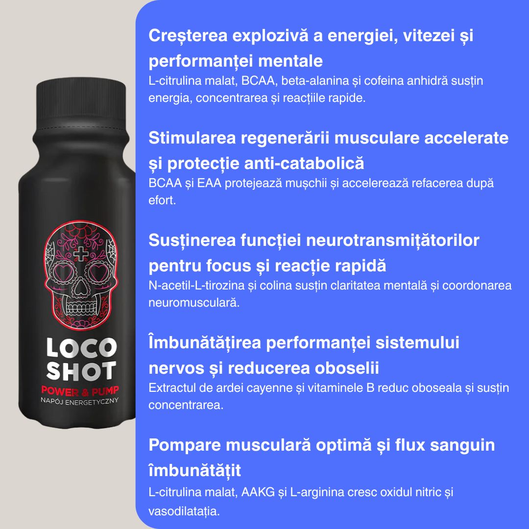 Energie și concentrare maximă cu LOCO Power & Pump Shot. Performanțe de vârf garantate.