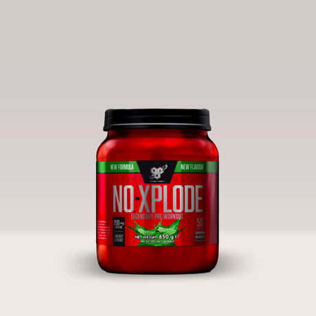 Recipient de supliment pre-workout BSN N.O.-Xplode, o formulă legendară pentru energie și performanță. Green burst.
