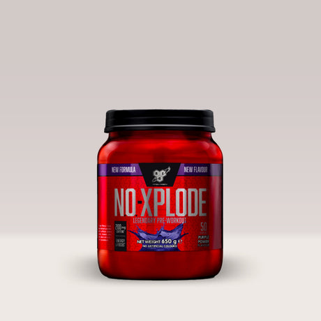 Recipient de supliment pre-workout BSN N.O.-Xplode, o formulă legendară pentru energie și performanță. Purple power.