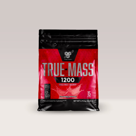 Sac de gainer pentru masă musculară BSN True Mass 1200, un supliment cu peste 1200 de calorii. Capsuni.