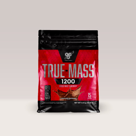 Sac de gainer pentru masă musculară BSN True Mass 1200, un supliment cu peste 1200 de calorii. Ciocolata.
