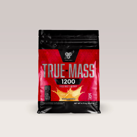 Sac de gainer pentru masă musculară BSN True Mass 1200, un supliment cu peste 1200 de calorii. Vanilie.