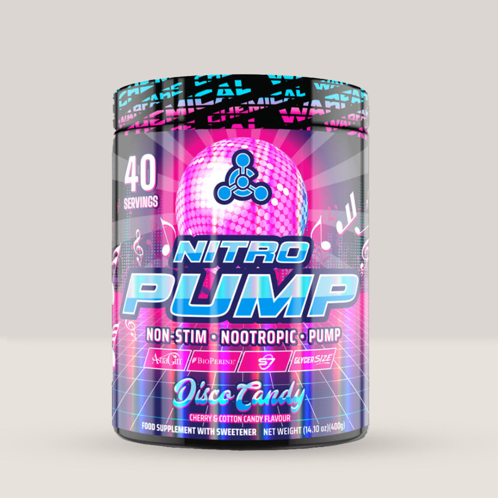 Imagine cu suplimentul pre-workout Nitro Pump de la Chemical Warfare, 400g, 40 de serviri. Disco candy aroma.
