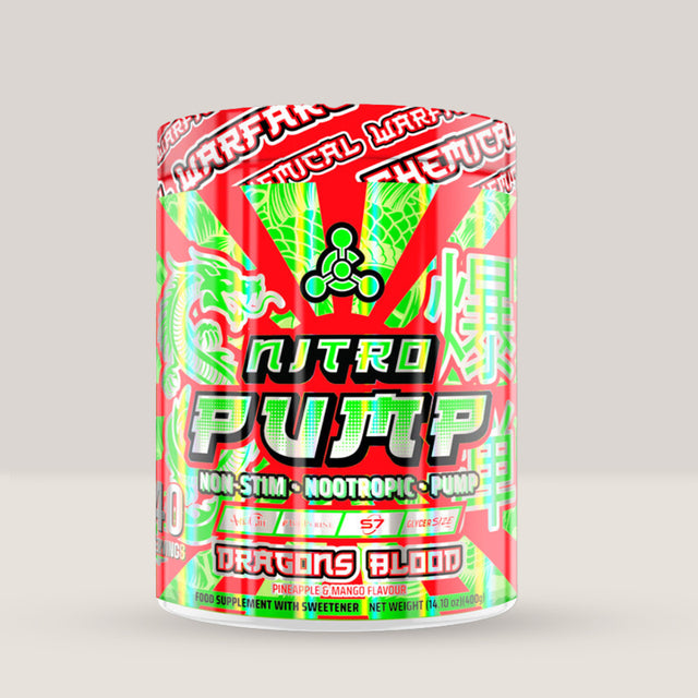 Imagine cu suplimentul pre-workout Nitro Pump de la Chemical Warfare, 400g, 40 de serviri. Dragons blood aroma.