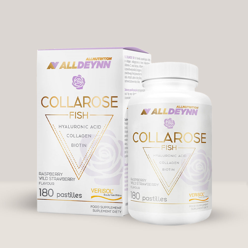 Flacon de Collarose Fish Pastilles de la Alldeynn, supliment cu colagen masticabil pentru piele, păr și unghii, 180 de pastile.