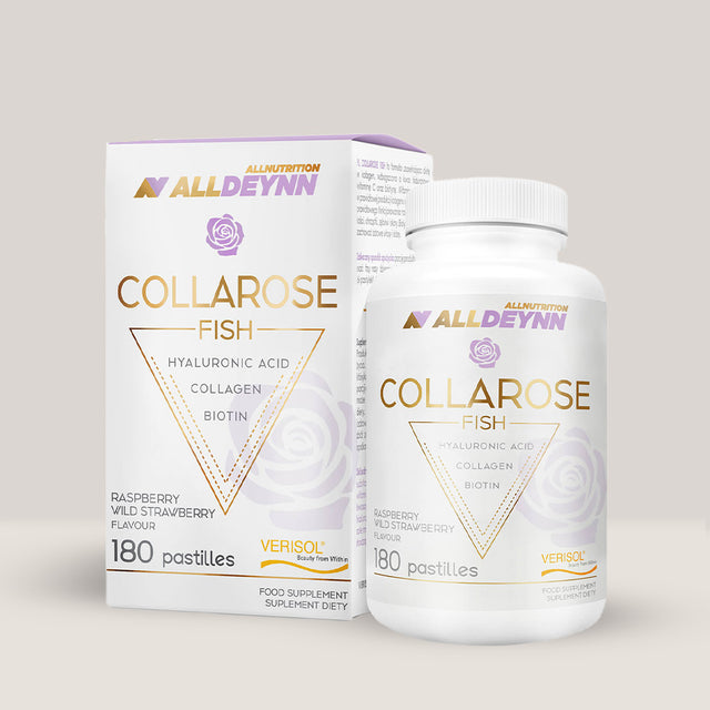 Flacon de Collarose Fish Pastilles de la Alldeynn, supliment cu colagen masticabil pentru piele, păr și unghii, 180 de pastile.