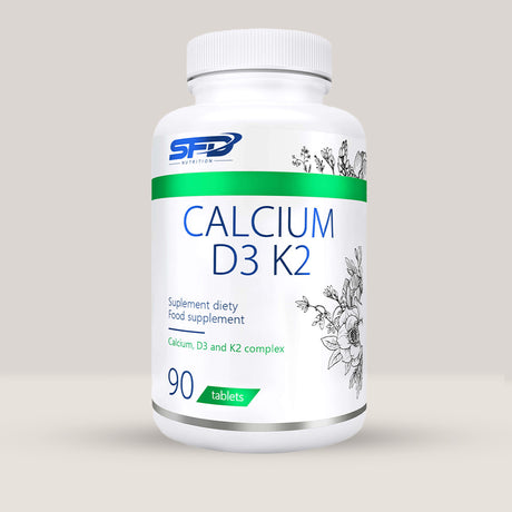 Imagine cu o cutie de Calcium D3 & K2 complex (90 tablete) de la SFD Nutrition, un supliment cu calciu, vitamina D3 și vitamina K2 pentru sănătatea oaselor.