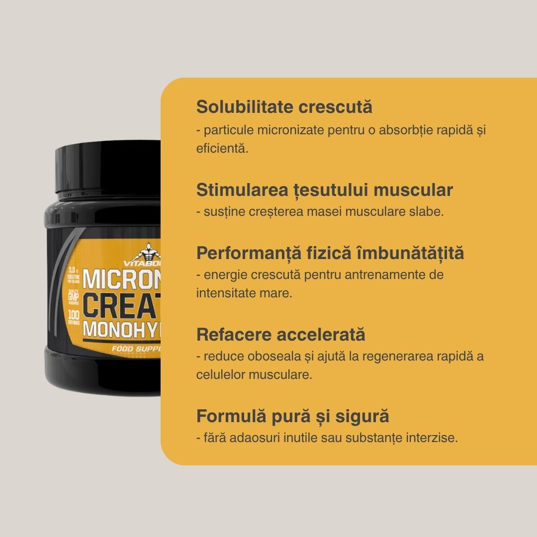 Creatină monohidrată VITABOLIC: Putere amplificată, recuperare rapidă.