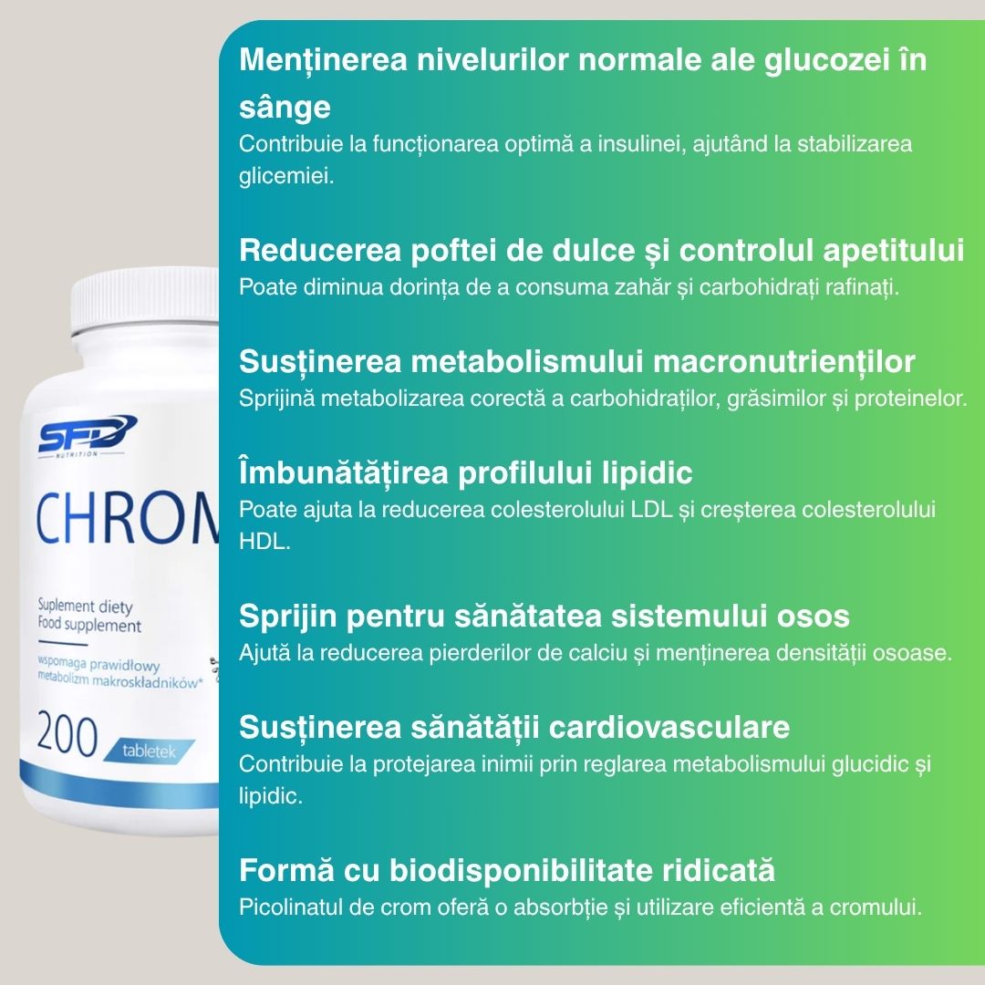 Controlează pofta de dulce cu Crom Picolinat SFD. Glicemie stabilă, siluetă armonioasă.