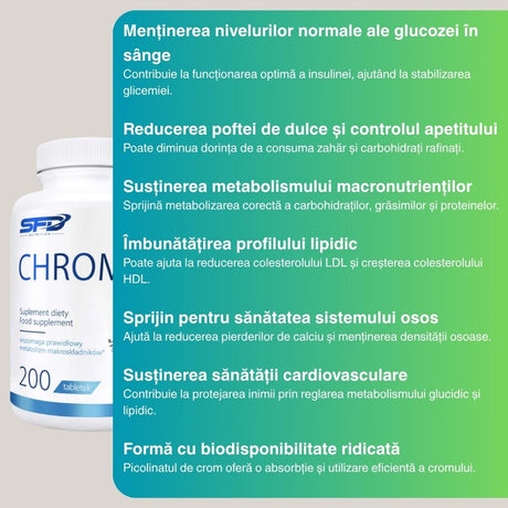 Controlează pofta de dulce cu Crom Picolinat SFD. Glicemie stabilă, siluetă armonioasă.