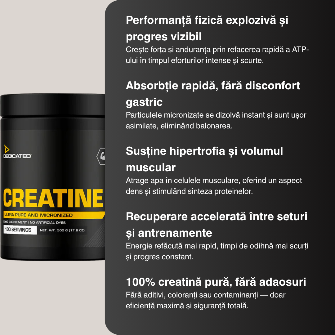 Creatină monohidrată (forță explozivă, masă musculară, recuperare rapidă) – 500 g / 100 porții | DEDICATED